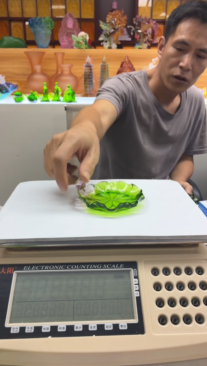 手工艺品琉璃绿色荷叶杯碟11公分