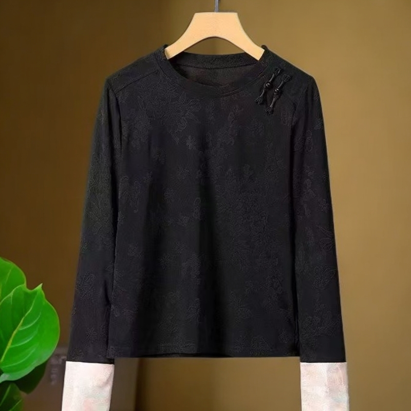 秋季新中式国风刺绣拼接圆领盘扣复古百搭休闲百搭打底衫上衣长袖