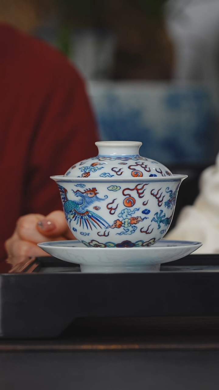 【闪购商品】涂杏花亲工 斗彩龙凤呈祥三才盖碗