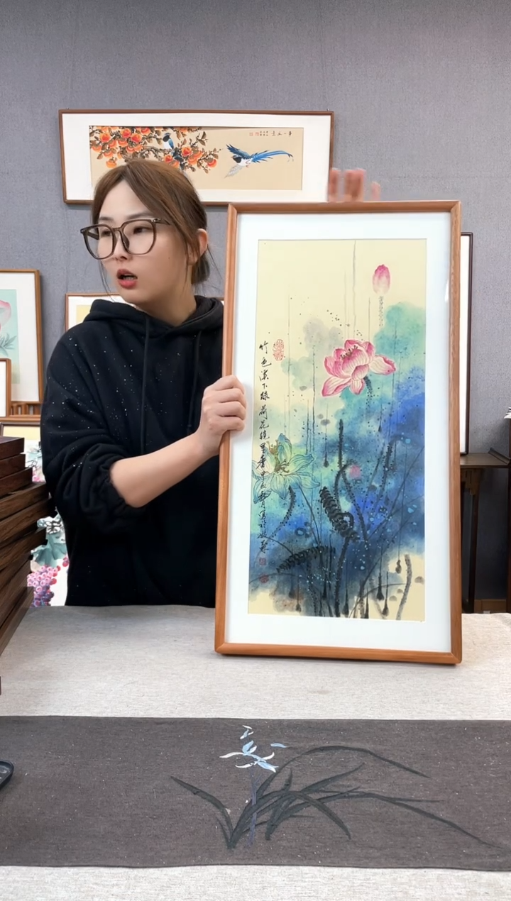 【闪购商品】国画王嘉诚-手绘带框作品-35*68-荷花