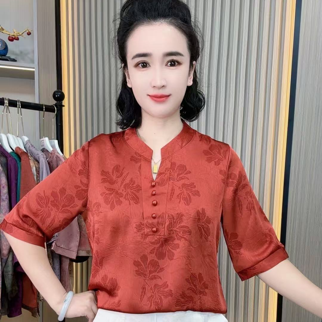 雍容华贵妈妈宽松遮肚显瘦气质洋气百搭时尚中袖V领上衣