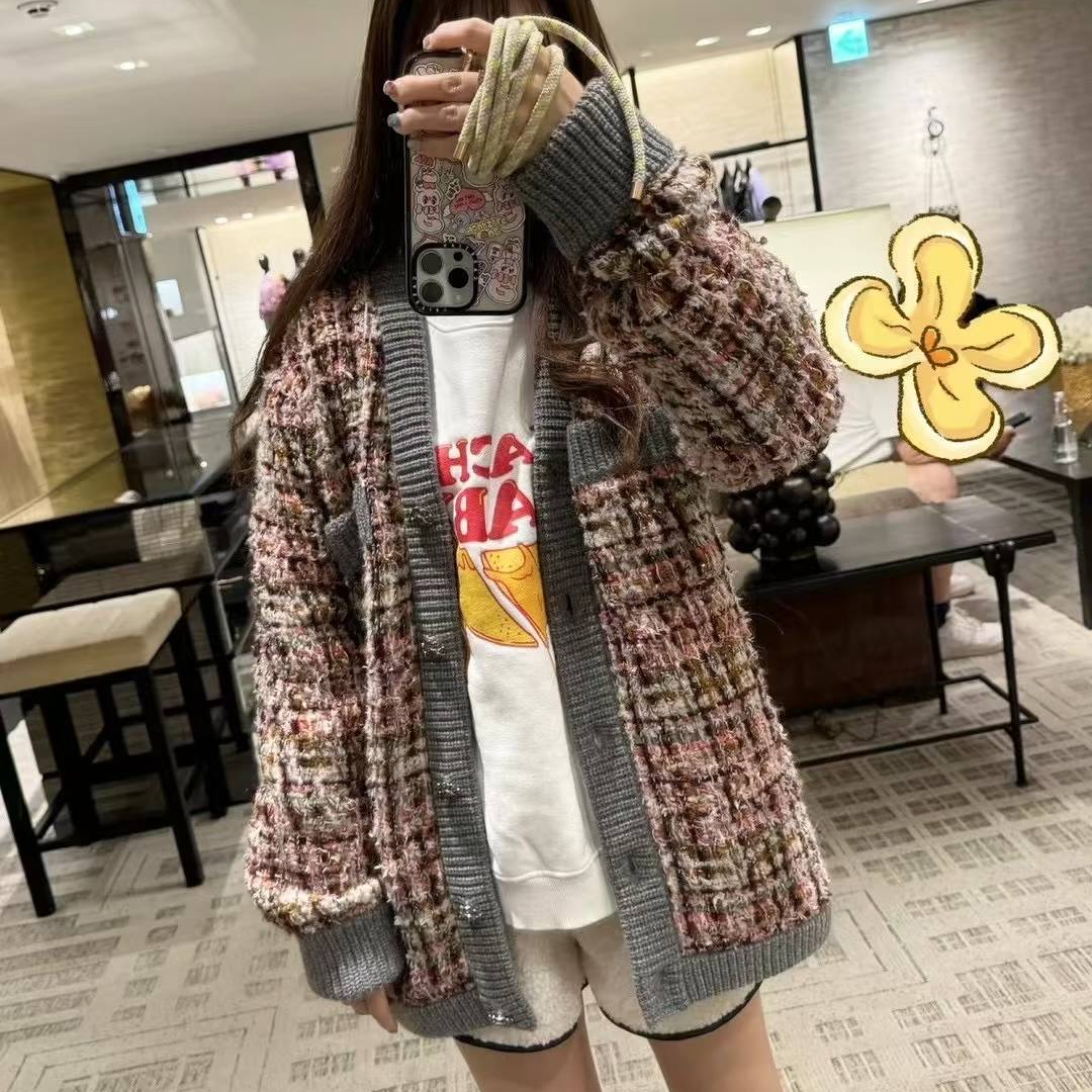 99新 Chanel/香奈儿  34码23K灰色拼粉棕混色针织开衫