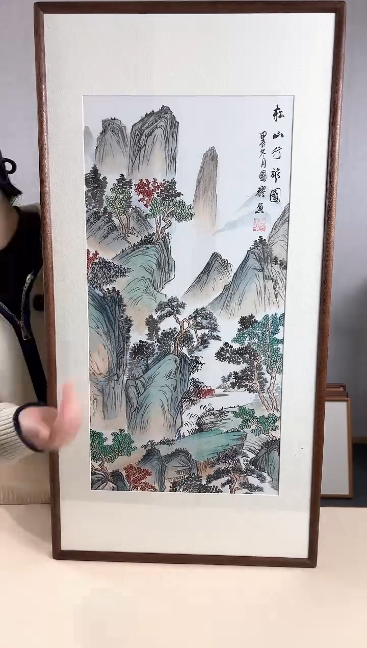 【闪购商品】国画手绘*松山行旅图*47*92cm实木框