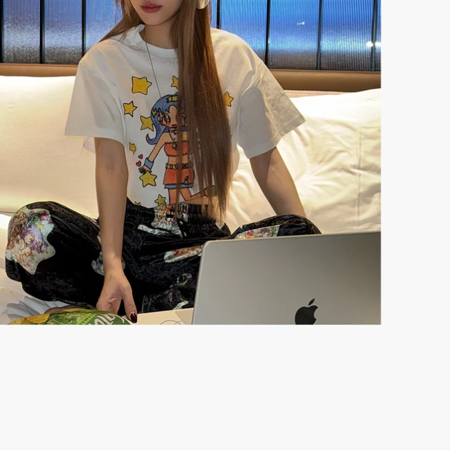 【Minji金玟池同款】可爱星星女孩印花宽松圆领短袖T恤女白色夏季