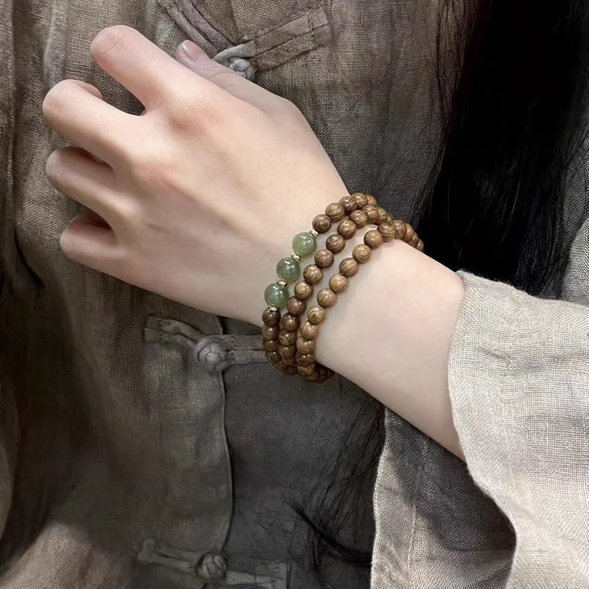 天然金丝檀木搭配和田玉多圈手串男女复古木质文玩念珠佛珠手链