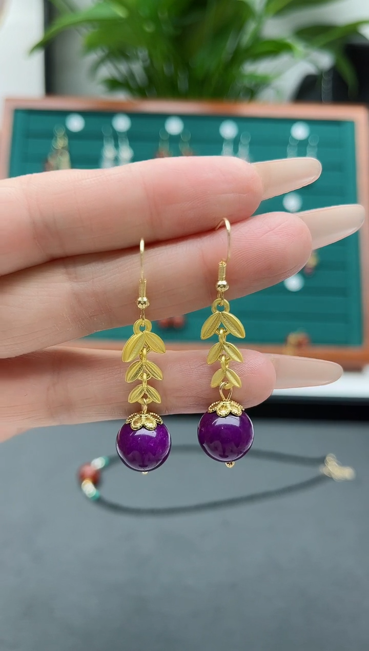 【闪购商品】玛瑙/玉髓耳饰银S925镶嵌039紫色