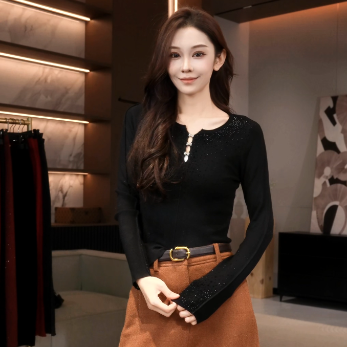 霓霓Lab 新款秋冬季细闪胸口带钻百搭显瘦长袖上衣N440