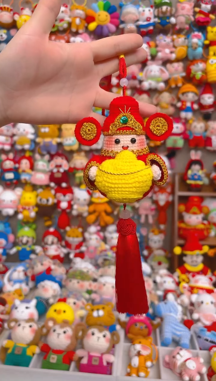 纯手工制作毛线钩织成品财神车挂