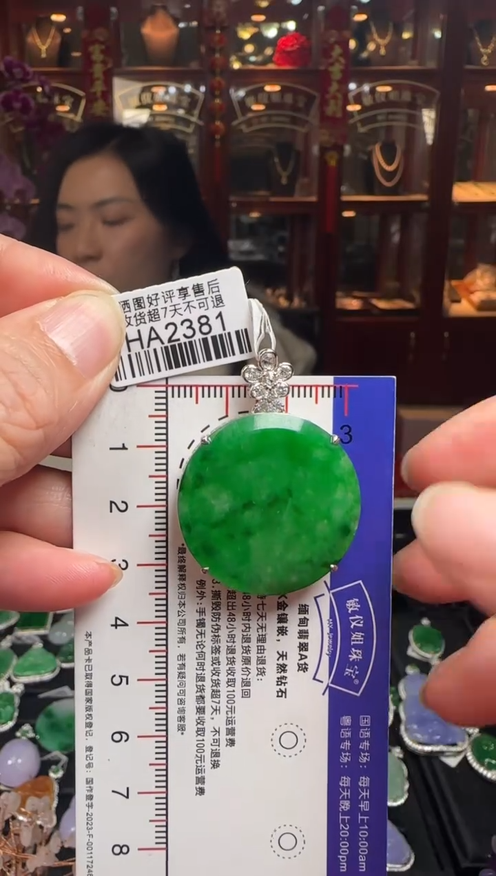 【闪购商品】翡翠颈饰18K金镶嵌HA2381辣绿无事牌