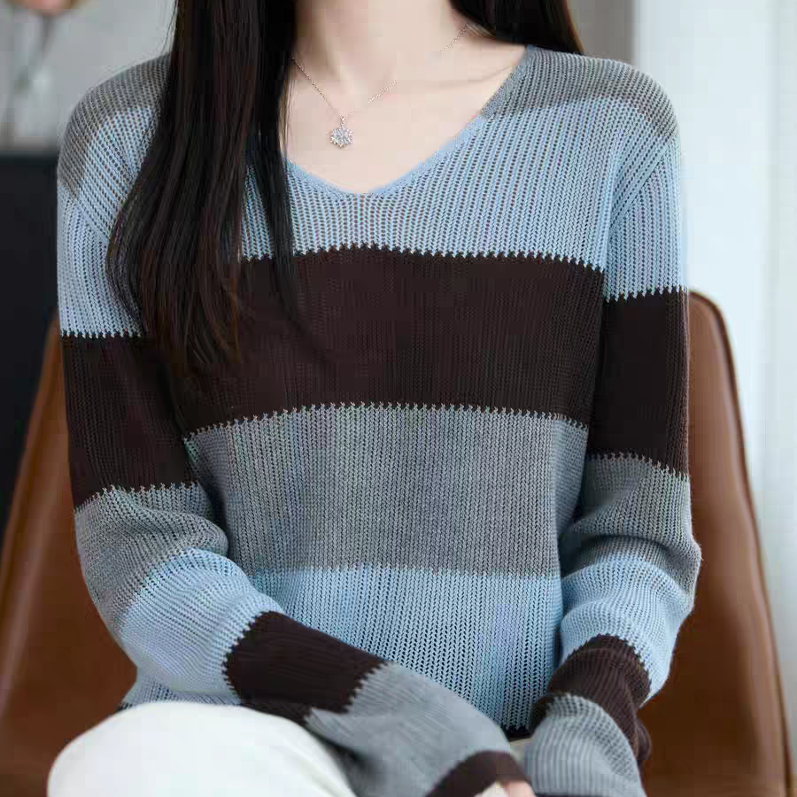 春季新款V领撞色条纹宽松慵懒风针织衫女打底上衣