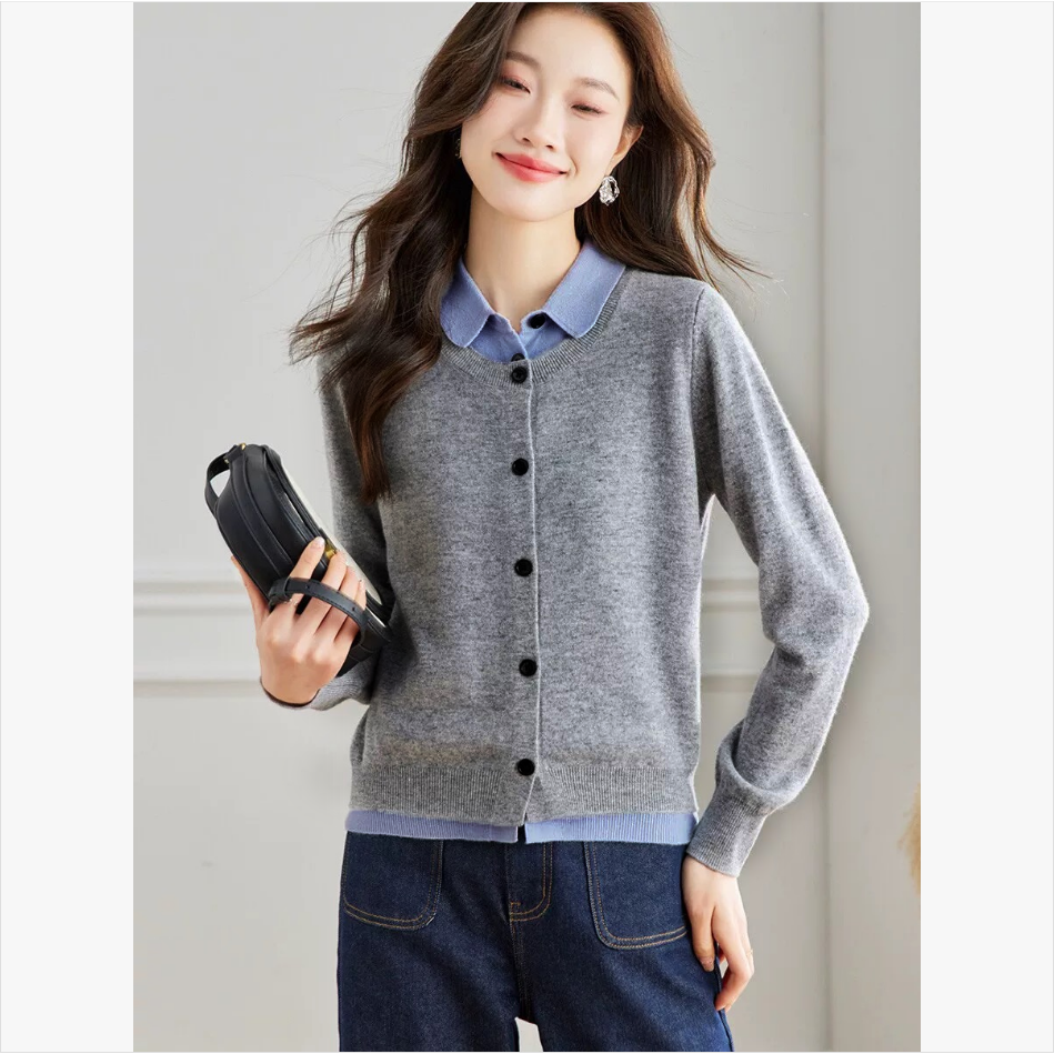 秋冬上新100%绵羊毛假两件翻领女式羊毛开衫25DAK1325