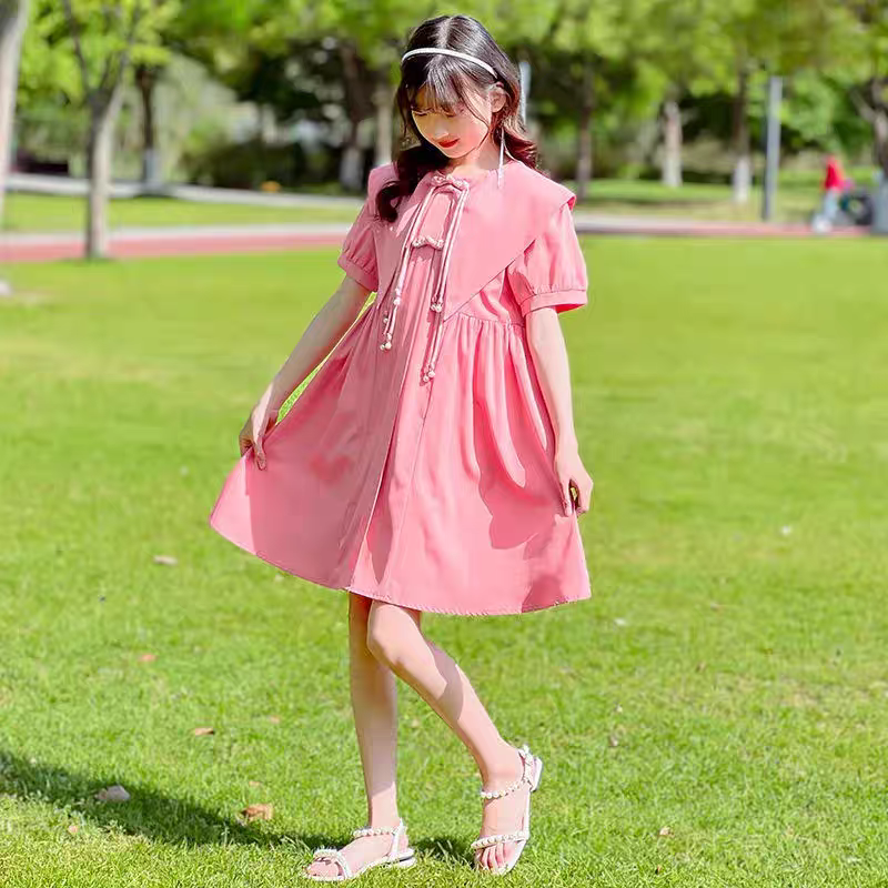 7007大码粉色复古蝴蝶结连衣裙女夏新款盘扣设计感连衣裙