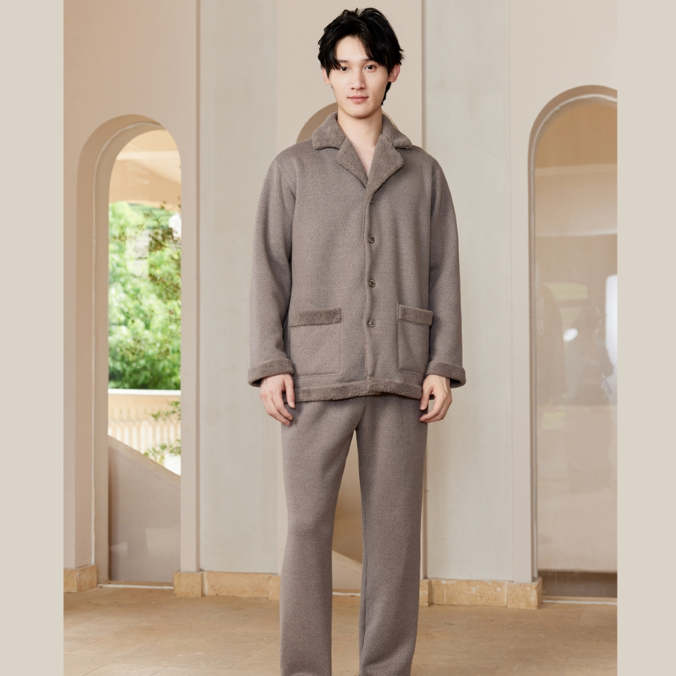 弗劳思男士秋冬色织磨毛复合绒加厚保暖家居服套装JF258