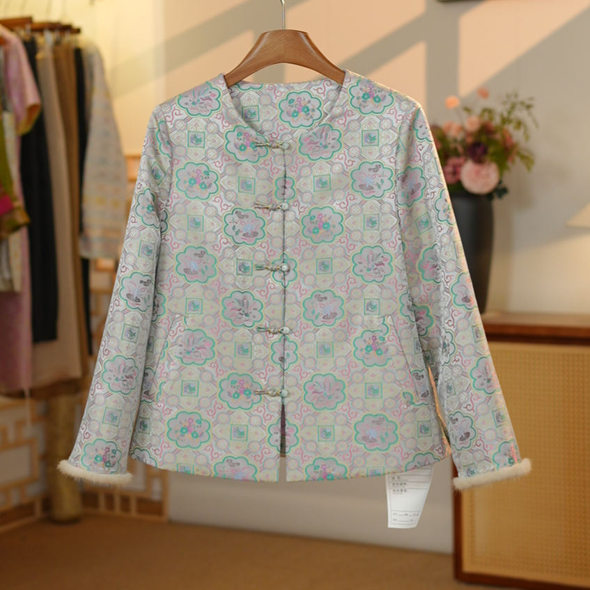 【祥云宝相.宋锦】2025冬季桑蚕丝填充物新中式宋锦棉袄F25377