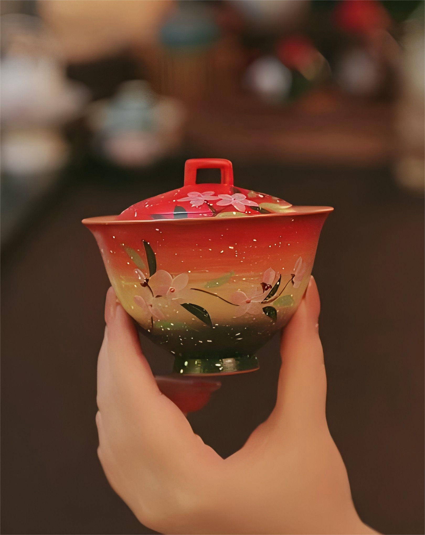 迎春手绘釉下彩女士新春文艺小资陶瓷茶具盖碗