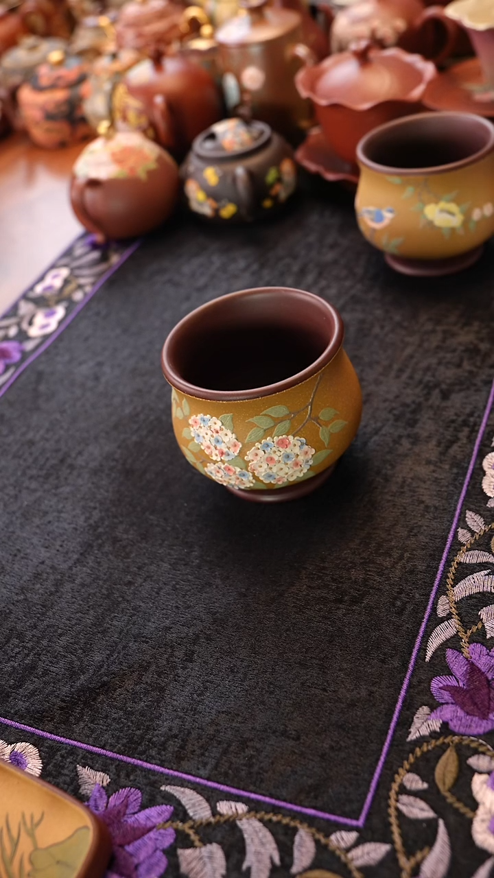 茶壶紫砂紫泥粉浆绣球花杯子