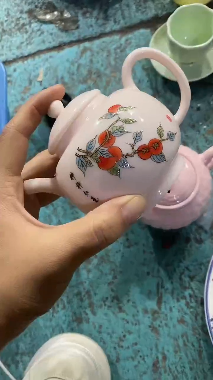 摆件陶红稀土柿柿如意茶壶