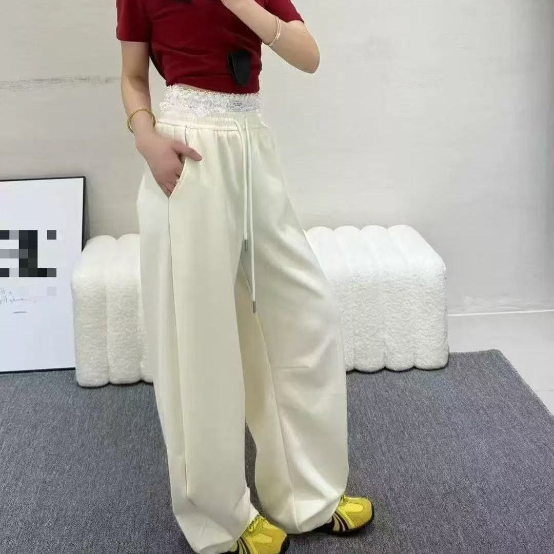 东大门精选9001款蕾丝拼接松紧腰卫裤直筒女运动裤潮