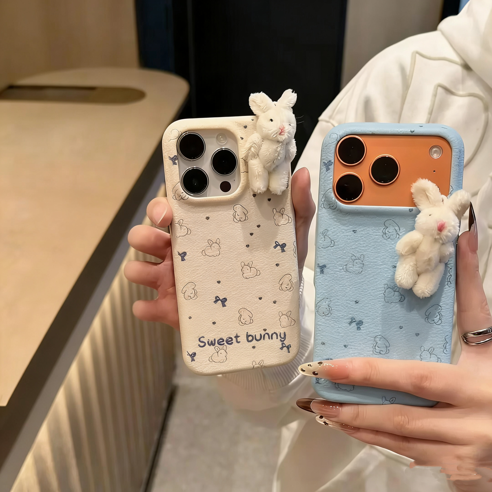秋冬毛绒线条立体小兔子公仔适用苹果17华为手机壳oppo小米vivo软