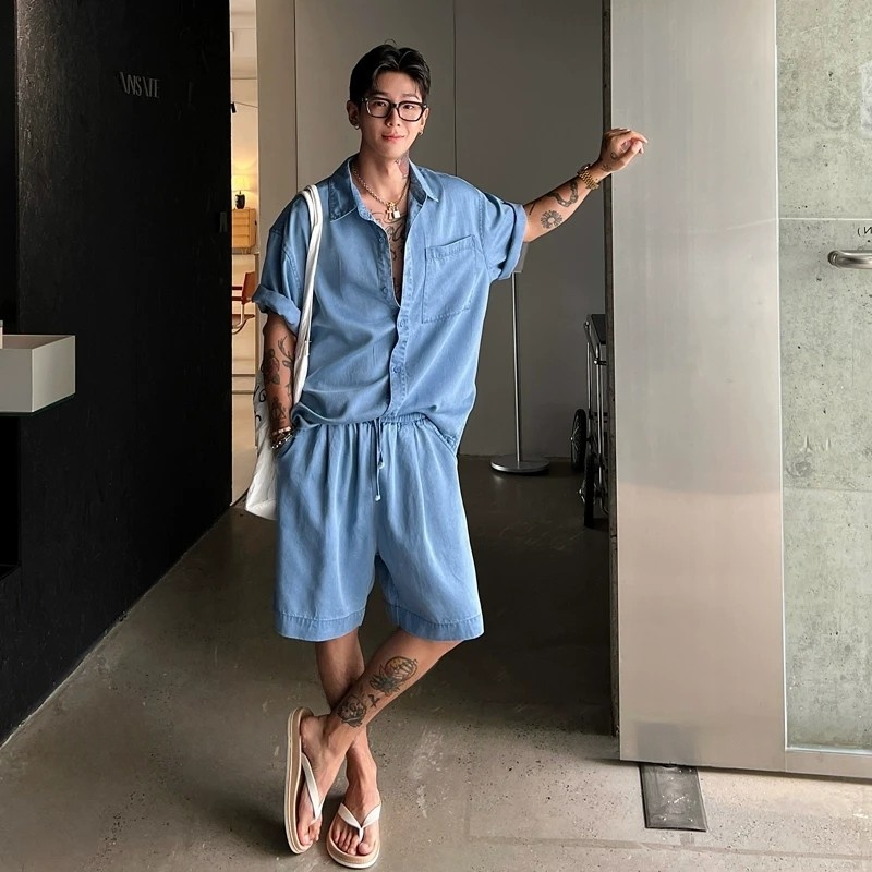「夏季新款」老钱休闲套装时尚百搭薄款短袖衬衫夏季短裤