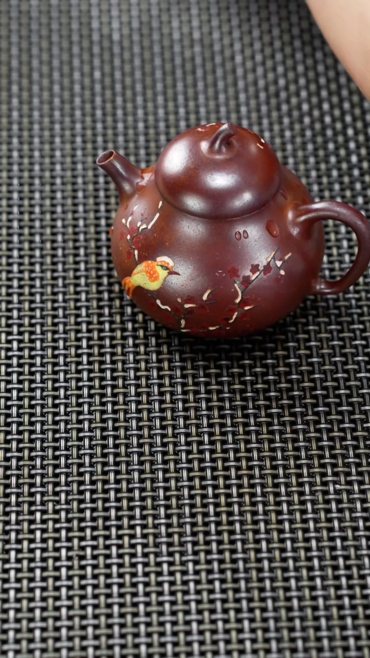 茶壶紫砂高温段泥火云烧雀上枝头泥绘茄瓜160cc