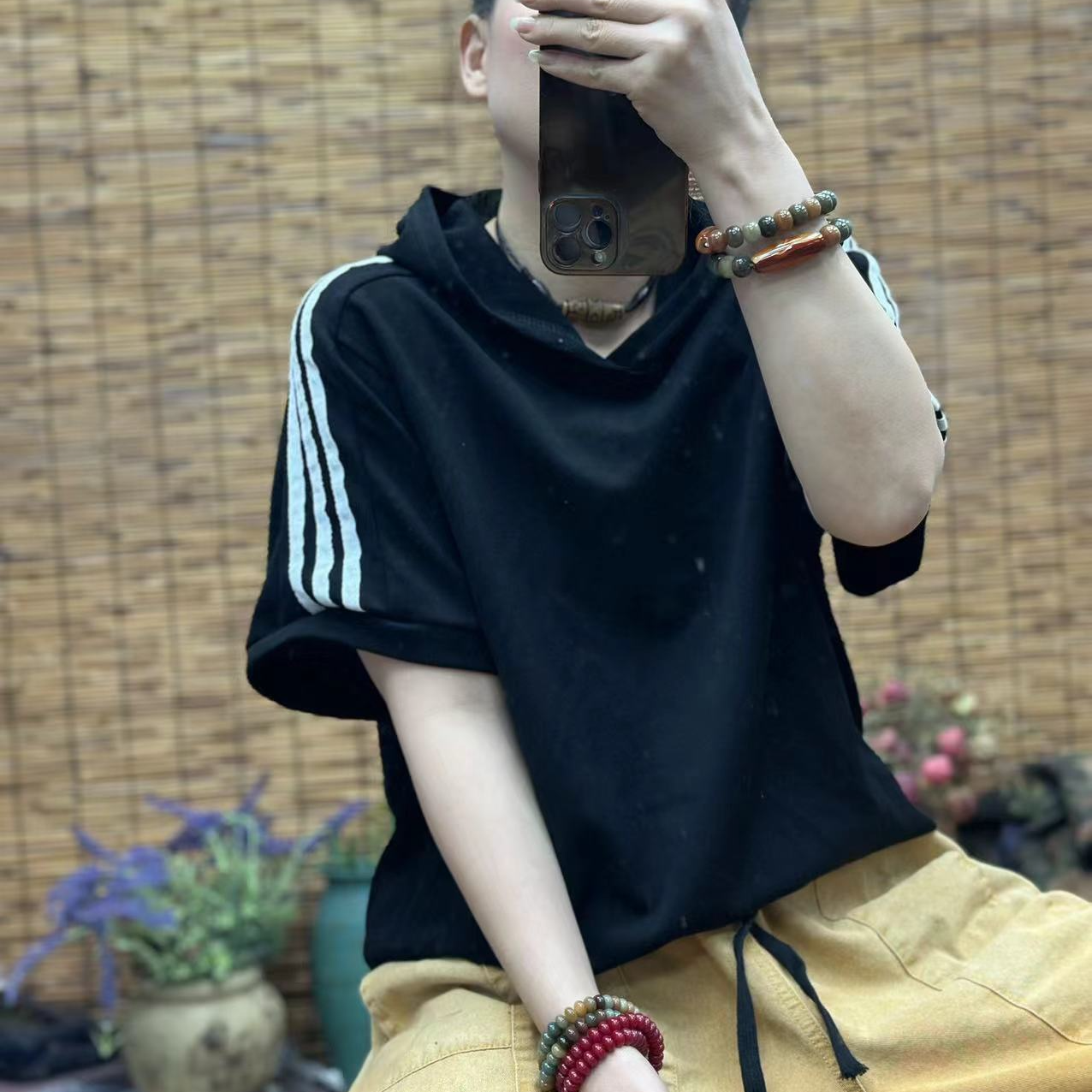 HY   连帽袖子织带短袖T恤