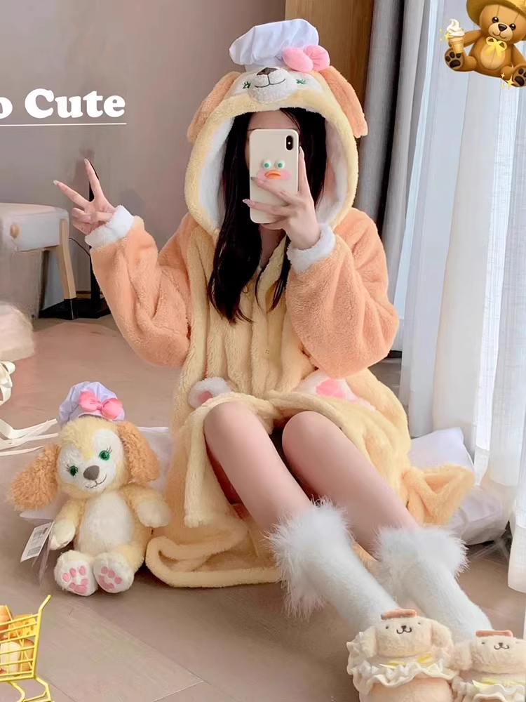 厨师饼饼珊瑚绒睡衣女冬季加绒加厚保暖法兰绒连帽睡袍套装家居服