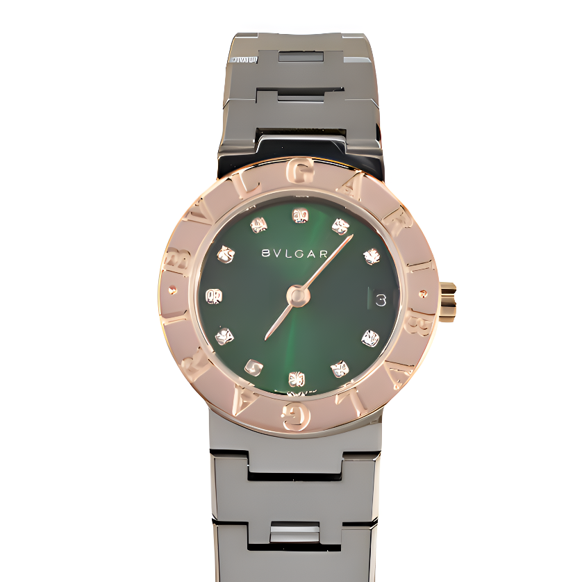 99新 BVLGARI/宝格丽 绿盘玫瑰金日历窗后盘石英26盘LF