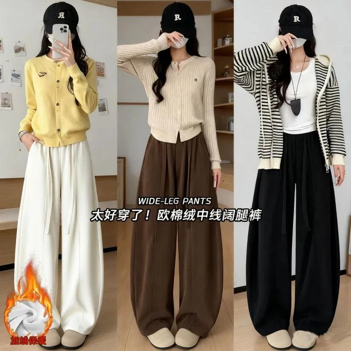 加绒高品质欧棉绒阔腿裤2025年秋冬新款显瘦宽松慵懒风女裤