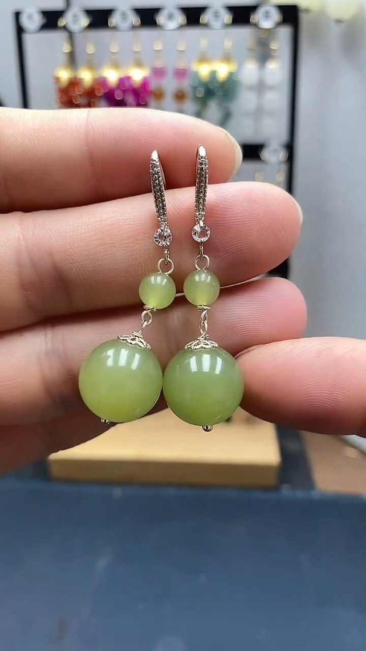 银S925镶嵌和田玉耳饰尺寸14mm连珠A4