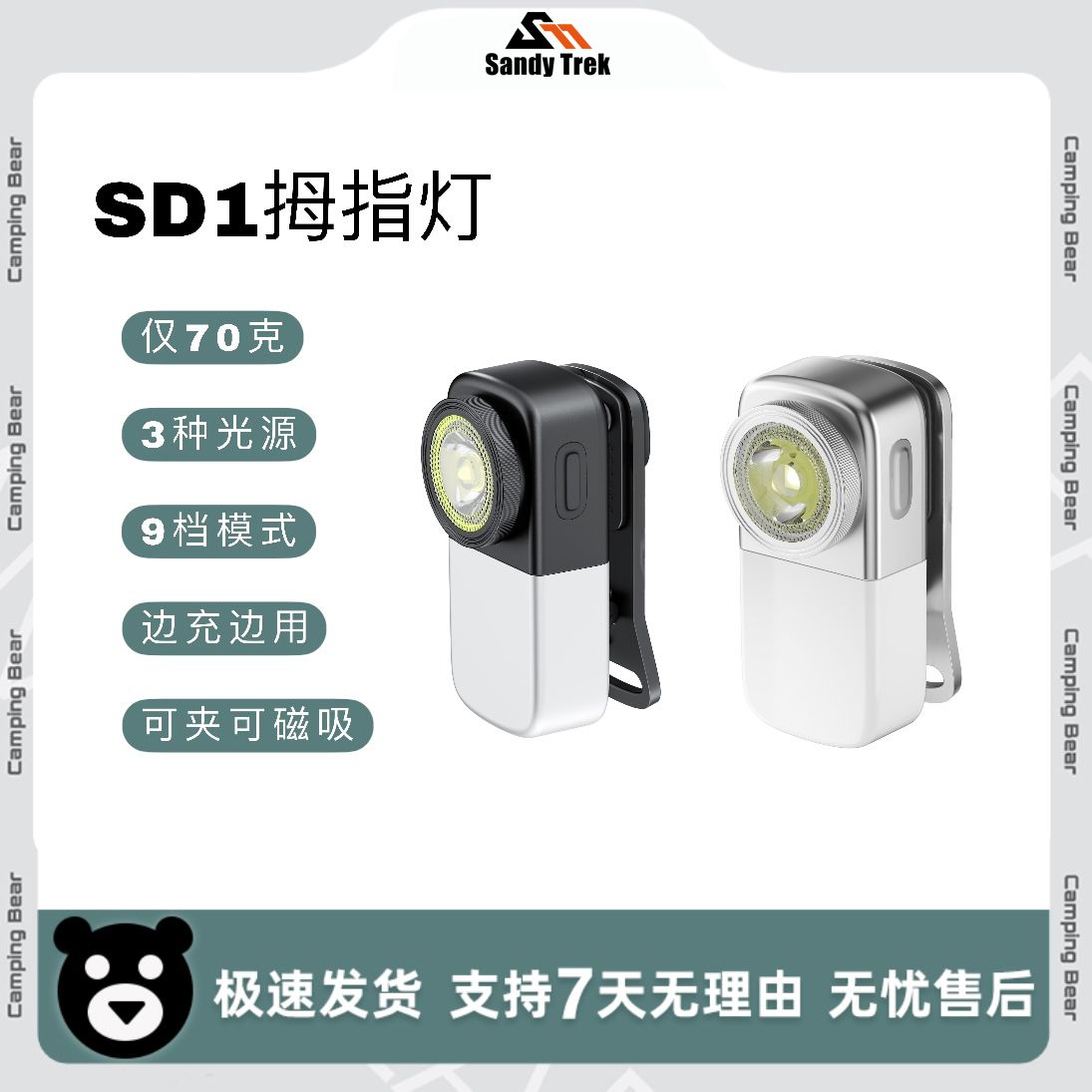 户外登山迷你强光照明灯轻量便携拇指灯多功能长续航磁吸手电筒