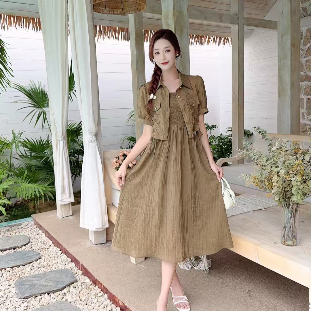 时尚套装乔其纱短袖显瘦气质小个子洋气夏季法式收腰连衣裙套装