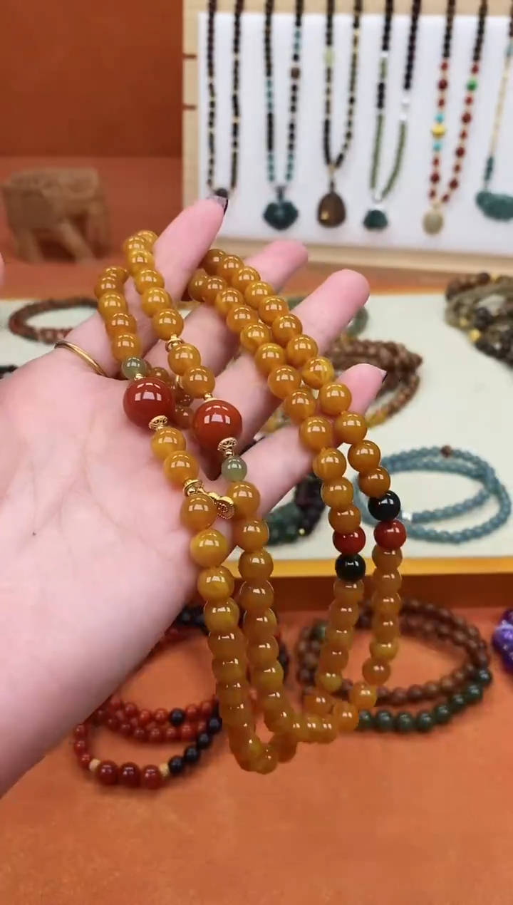 手链蜜蜡未镶嵌双圈蜜蜡和田南红手串