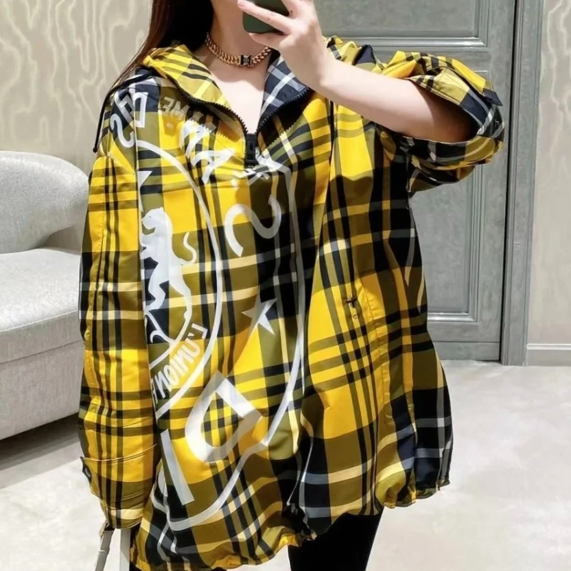 99新 DIOR/迪奥 汤/P245621603/拼色 黄黑格子 连帽冲锋衣 S 