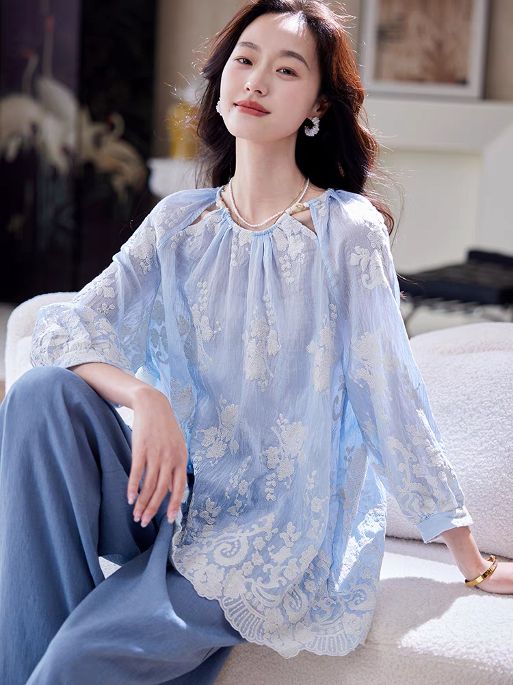 高级感复古提花刺绣新中式轻国风圆领七分袖衬衫女夏----26726