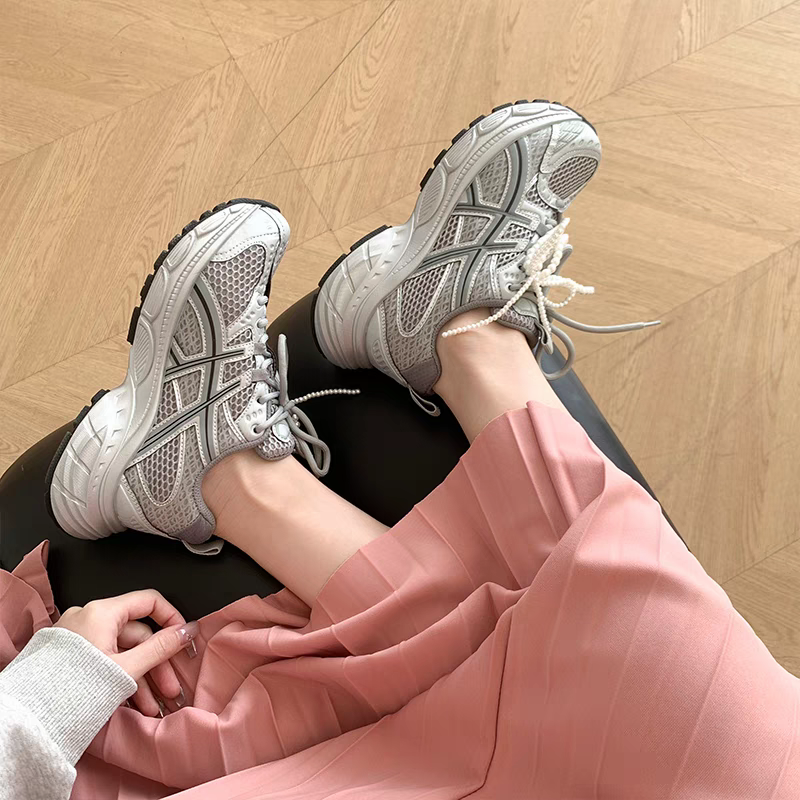 轻便显脚小真皮厚底老爹鞋女2025春款增高百搭串珠两穿运动休闲鞋