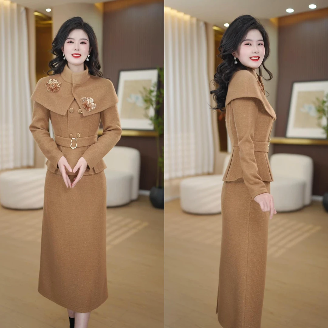 【披风+外套+裙子】【加棉加厚】2025春秋新款气质长袖连衣裙3702