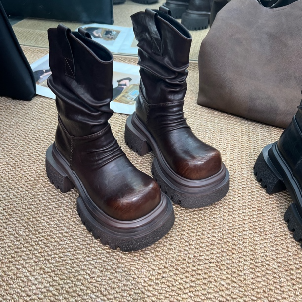 厚底洋气显瘦褶皱马丁靴女春秋单靴2025新款堆堆靴增高机车靴