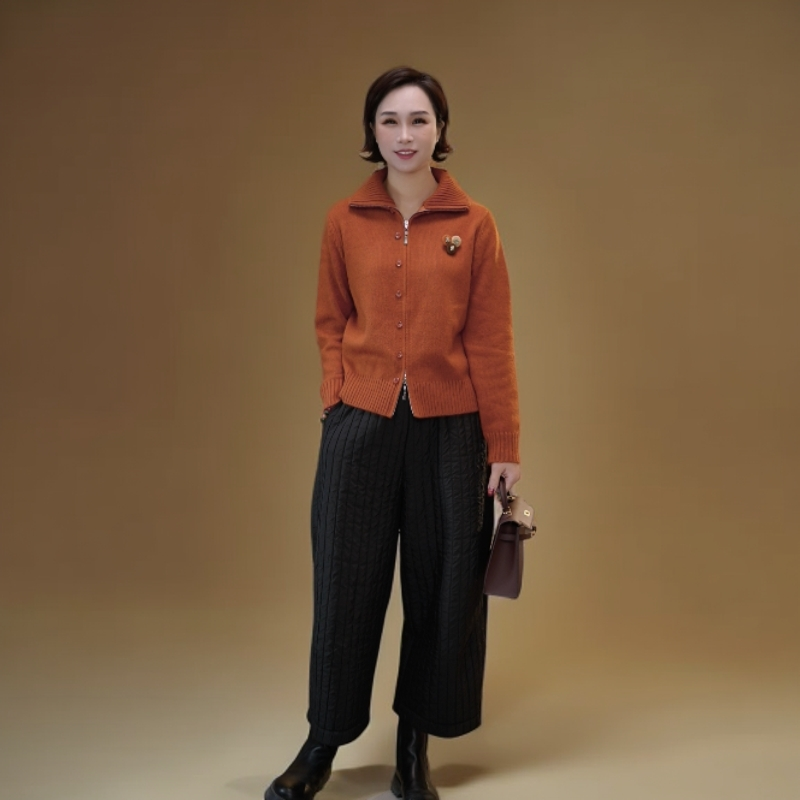 【赞妈甄选】新款加厚竖条纹休闲阔腿裤显瘦驼绒裤ZM1966N