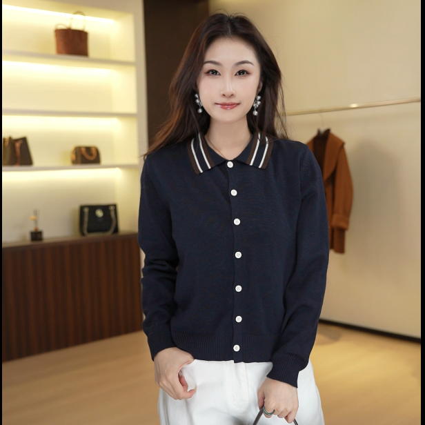 3502094长袖翻领条纹厚款针织女毛针织衫拼色毛衫毛衣百搭