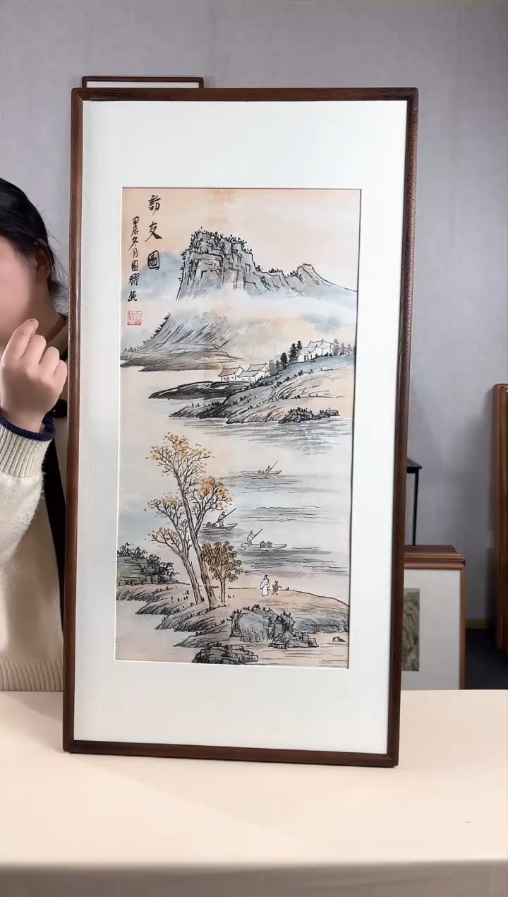 【闪购商品】国画手绘*访友图*47*92cm实木框