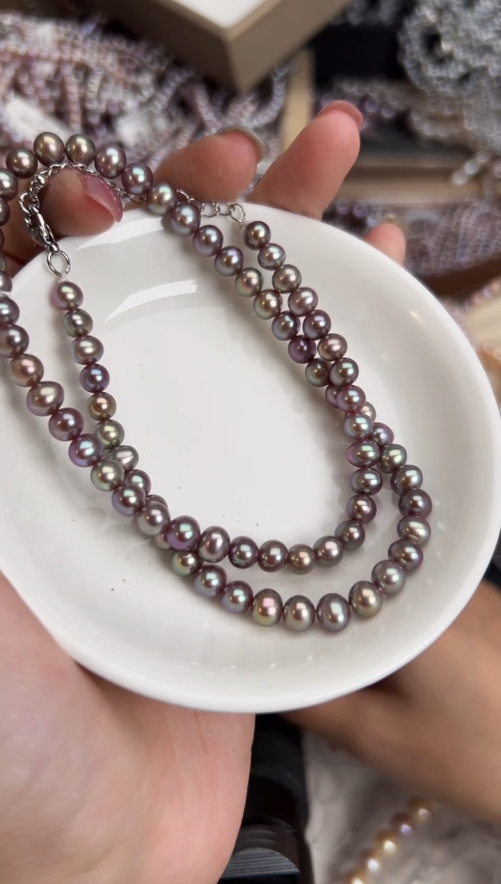 未镶嵌53淡水珍珠紫绿*强光珍珠项链6mm左右