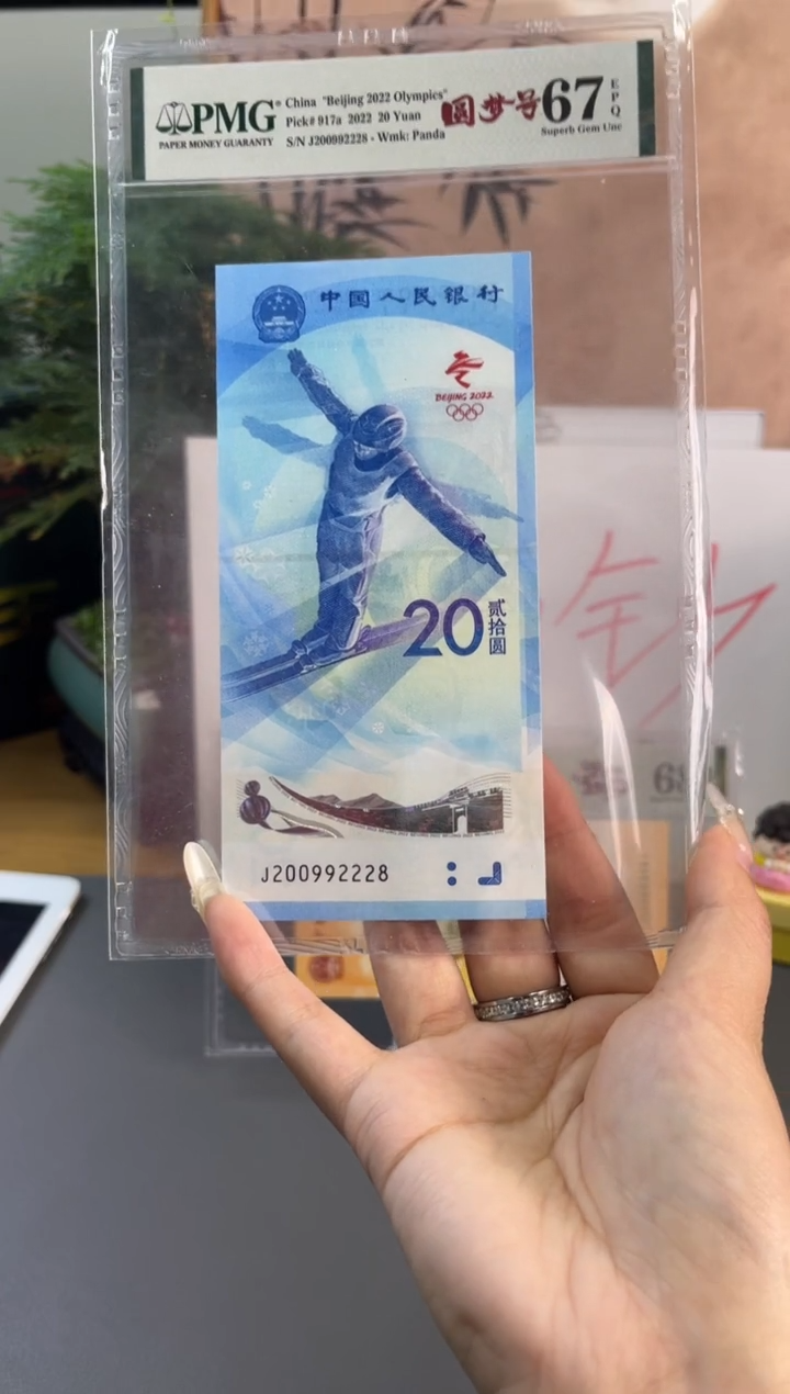 塑料冬奥雪钞 三对子夹豹子PMG67分 尾228