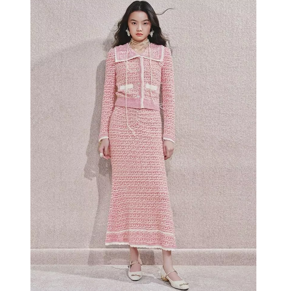 MAXRIENY2025春商场同款小香风气质长袖短款针织外套+半裙套装