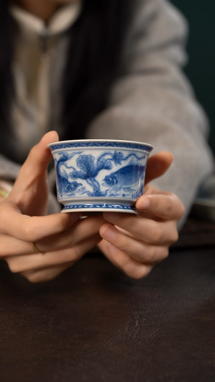 【闪购商品】杯望月怀古淡海水鱼藻纹马蹄杯