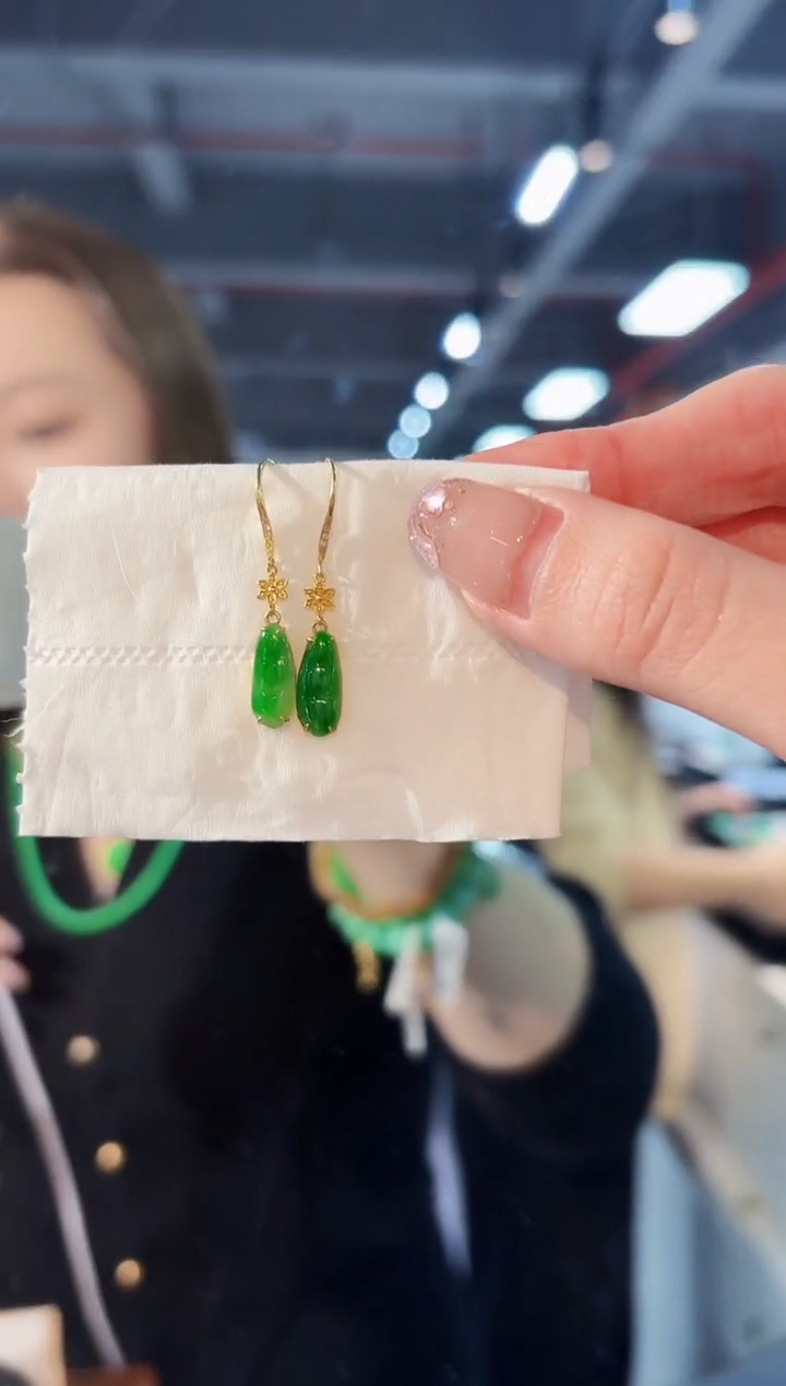 【闪购商品】翡翠耳饰18K金镶嵌缅料A货/支持复检/一对