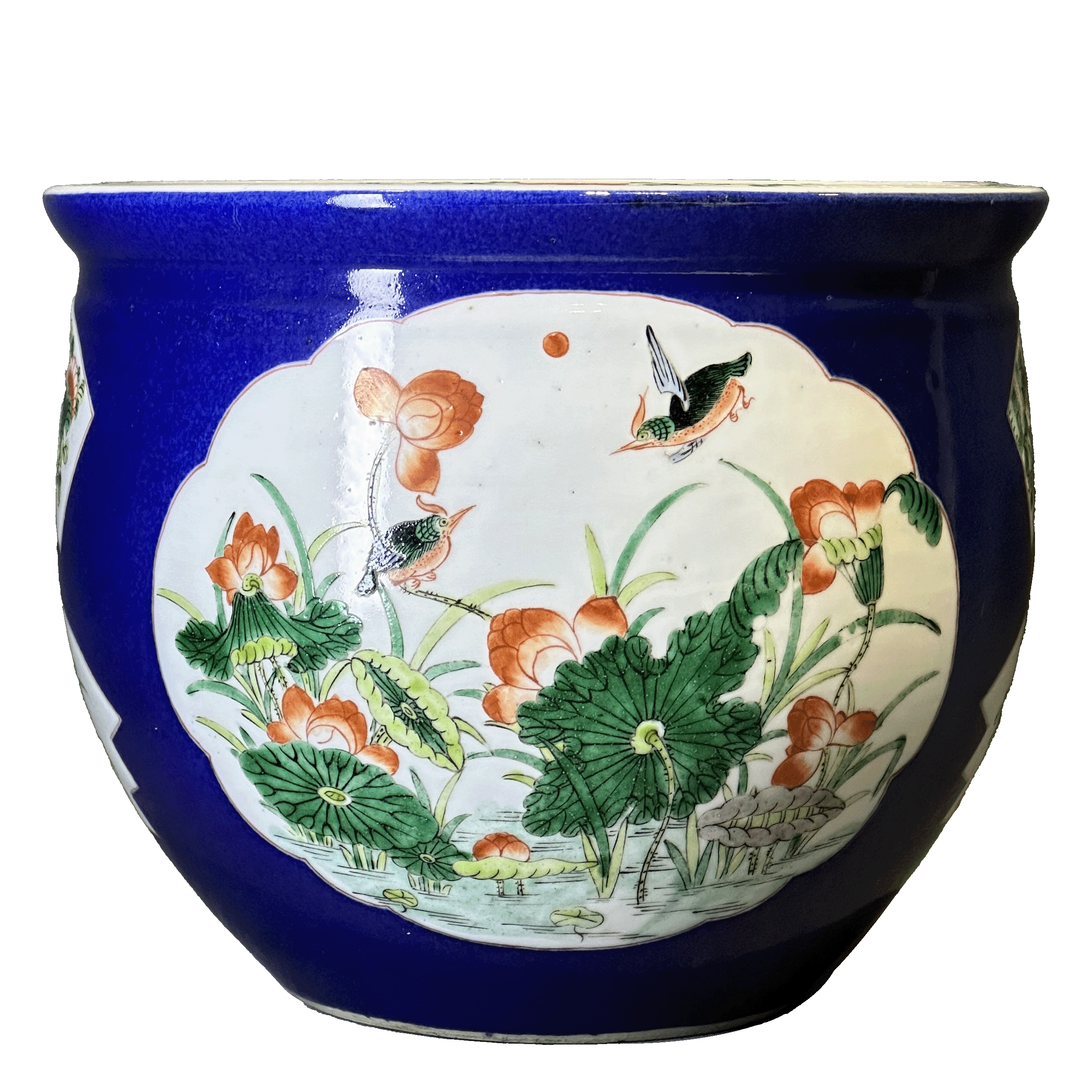 25010846y蓝釉开窗五彩花卉纹卷缸