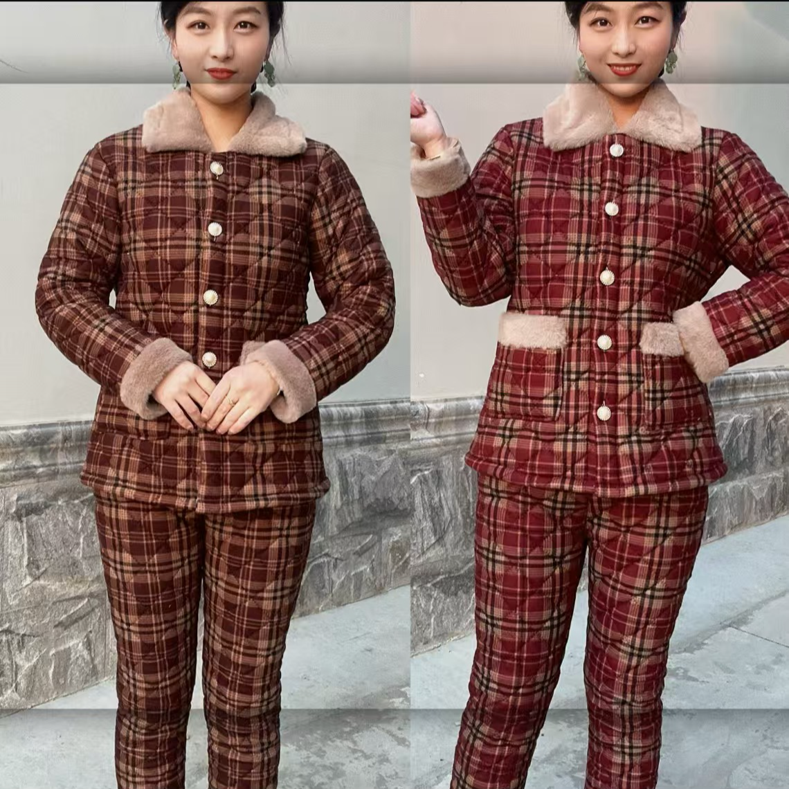 女装外套中老年女装长裤格纹休闲保暖单排扣睡衣秋冬家居服