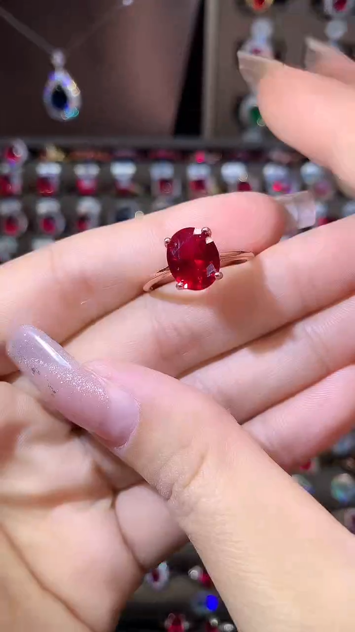 银S925镶嵌戒指红宝石810玫瑰金酒红