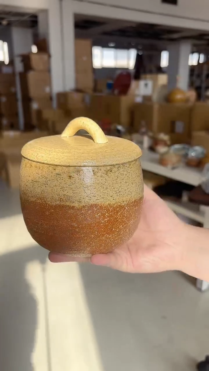 陶瓷伊贺烧 黄色白刷毛陶罐